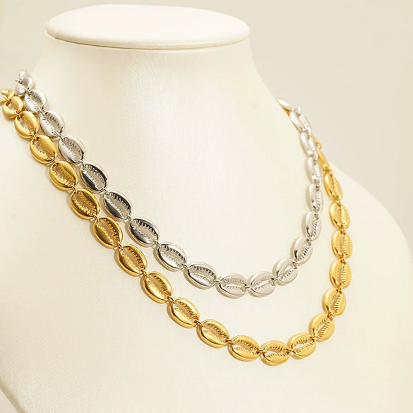 Women's Stainless Steel Shell Pendant Necklace With Geometric Design And Cuban Chain Gold Tone Electroplated Fashion Jewelry