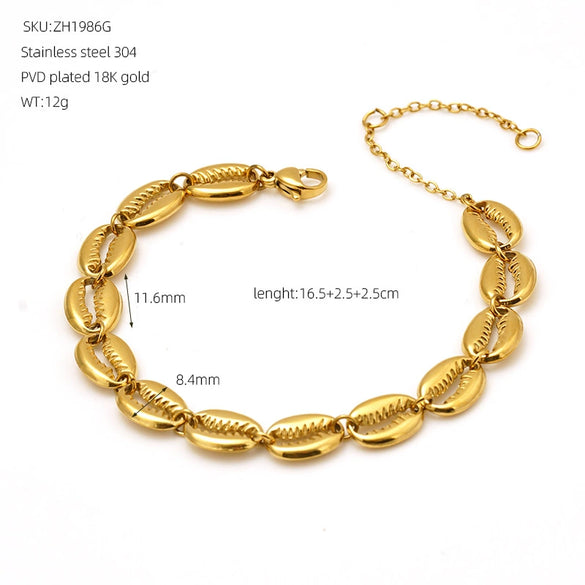 Women's Stainless Steel Shell Pendant Necklace With Geometric Design And Cuban Chain Gold Tone Electroplated Fashion Jewelry