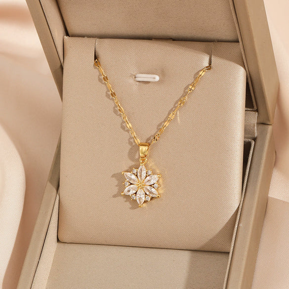 Women's Stainless Steel Snowflake Pendant Lip Chain Necklace With Mixed Gemstone Setting And Electroplating