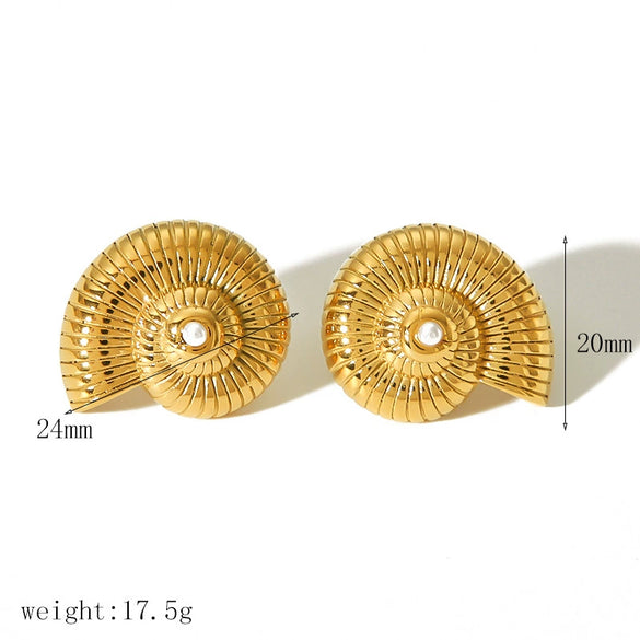 Women's Stainless Steel Spiral Conch Earrings With Geometric Pattern And Electroplated Treatment