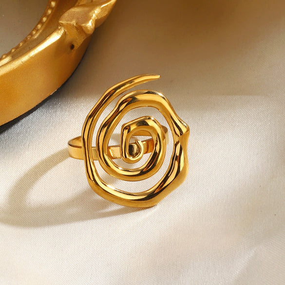 Women's Stainless Steel Spiral Screw Thread Ring With Gold Electroplated Finish And Simple Patterned Design