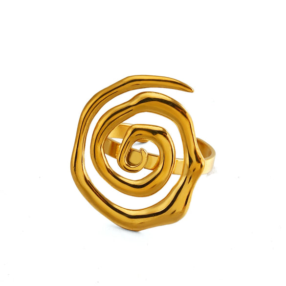 Women's Stainless Steel Spiral Screw Thread Ring With Gold Electroplated Finish And Simple Patterned Design