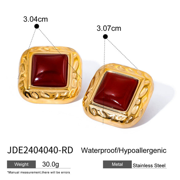 Women's Stainless Steel Square Geometric Pattern Electroplated Red Agate Earrings