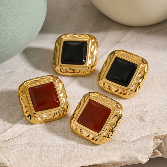 Women's Stainless Steel Square Geometric Pattern Electroplated Red Agate Earrings