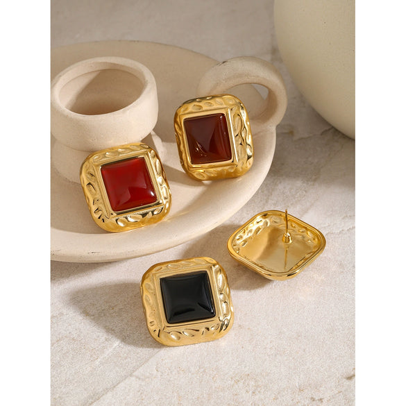 Women's Stainless Steel Square Geometric Pattern Electroplated Red Agate Earrings