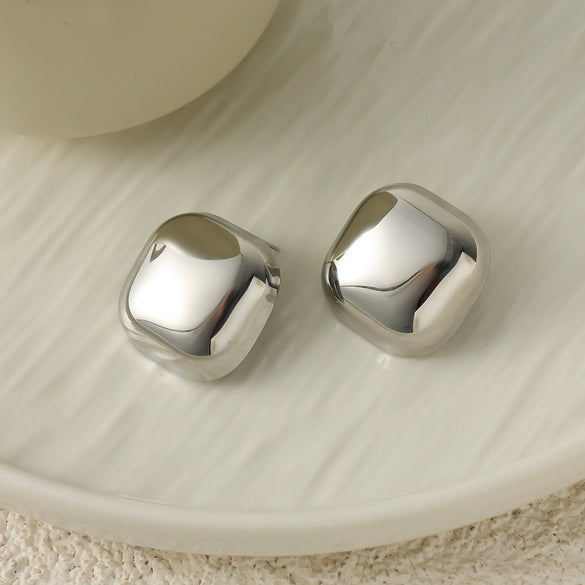 Women's Stainless Steel Square Stud Earrings With Polished Geometric Design And Electroplated Finish Fashionable Everyday Jewelry