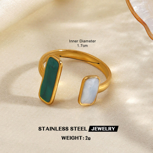 Women's Stainless Steel Stackable Rings With Natural Stone Inlay Geometric Line Design And Gold Tone Electroplated Finish
