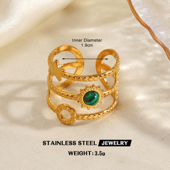 Women's Stainless Steel Stackable Rings With Natural Stone Inlay Geometric Line Design And Gold Tone Electroplated Finish