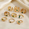 Women's Stainless Steel Stackable Rings With Natural Stone Inlay Geometric Line Design And Gold Tone Electroplated Finish