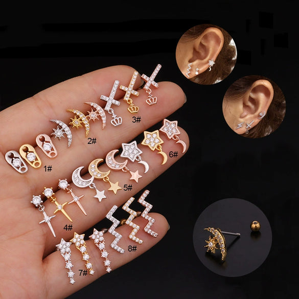 Women's Stainless Steel Star Pattern Inlaid Zircon Stud Earrings