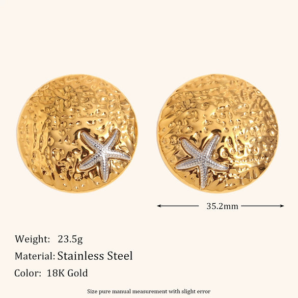 Women's Stainless Steel Starfish Earrings With Gold Tone Electroplated Finish Round Hammered Geometric Design
