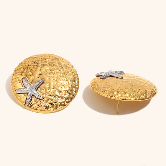 Women's Stainless Steel Starfish Earrings With Gold Tone Electroplated Finish Round Hammered Geometric Design