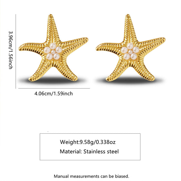 Women's Stainless Steel Starfish Pearl Stud Earrings With Resin Inlay Vacation Style Ocean Inspired Geometric Earrings
