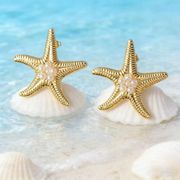 Women's Stainless Steel Starfish Pearl Stud Earrings With Resin Inlay Vacation Style Ocean Inspired Geometric Earrings