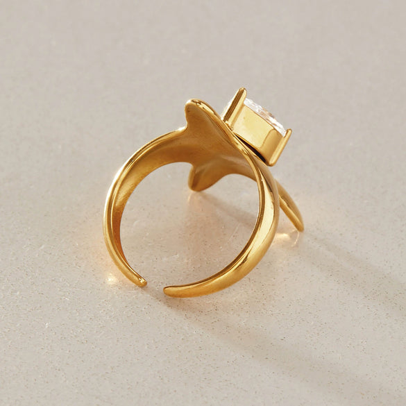 Women's Stainless Steel Starfish Ring With Zirconia Detail And Pvd Vacuum Gold Plating Geometric Ocean Inspired Jewelry