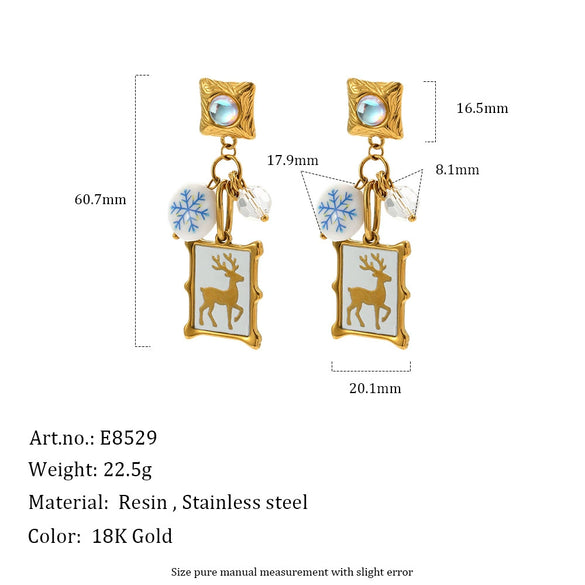 Women's Stainless Steel Stud Earrings With Reindeer And Snowflake Geometric Square Design Pvd Vacuum Gold Plated