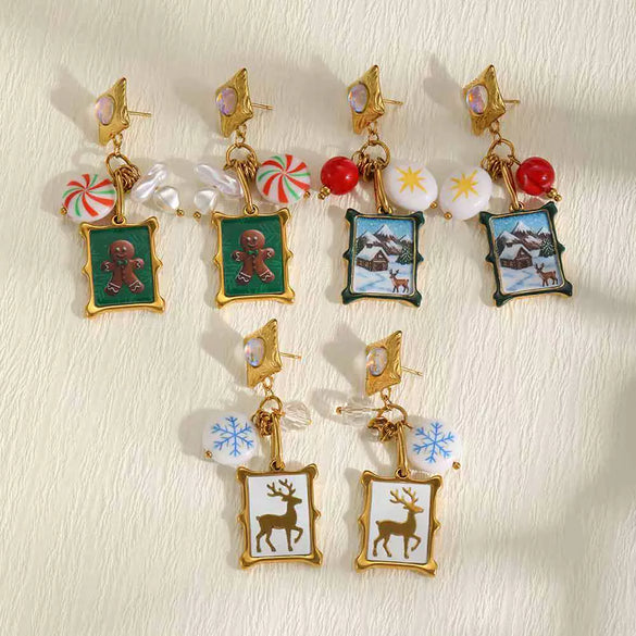 Women's Stainless Steel Stud Earrings With Reindeer And Snowflake Geometric Square Design Pvd Vacuum Gold Plated