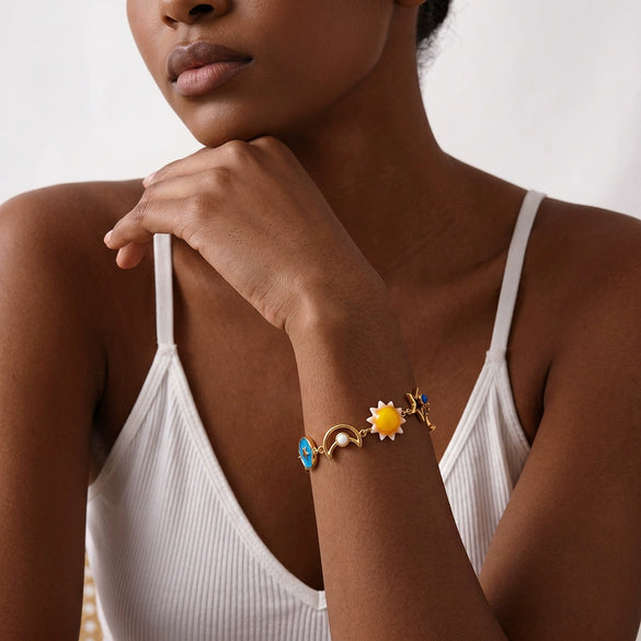 Women's Stainless Steel Sun And Moon Geometric Oil Drip Bracelet With Vacuum Plated Finish