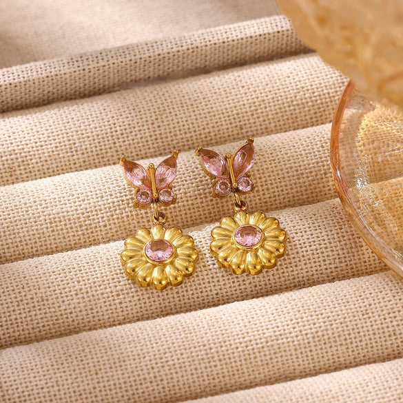 Women's Stainless Steel Sunflower Earrings With Pink Zircon Heartshaped Floral Design And Elegant Plated Finish
