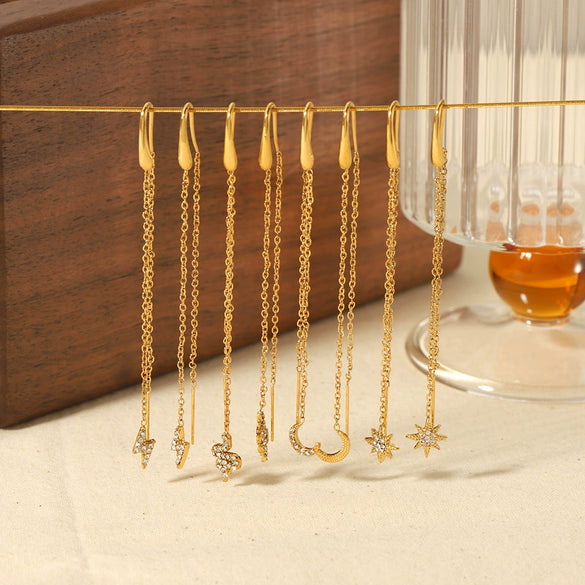 Women's Stainless Steel Tassel Earrings With Star Animals And Zodiac Patterns French Retro Style
