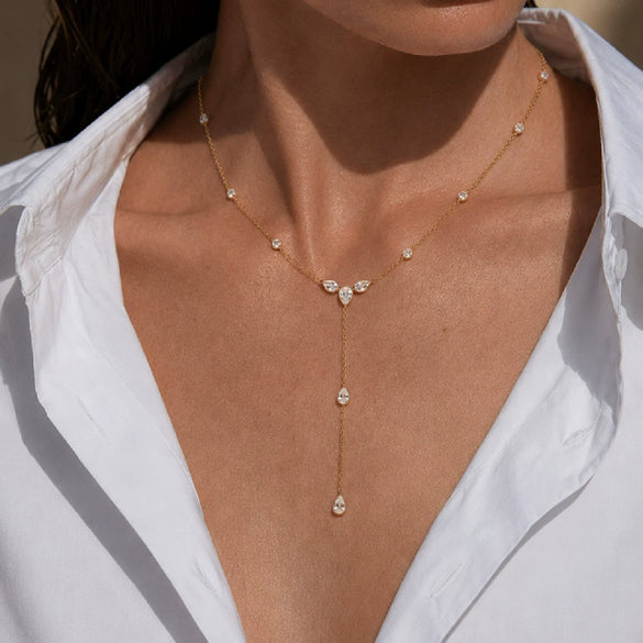 Women's Stainless Steel Teardrop Geometric Zircon Tassel Pendant Necklace With Gold Plated Y Shaped Chain