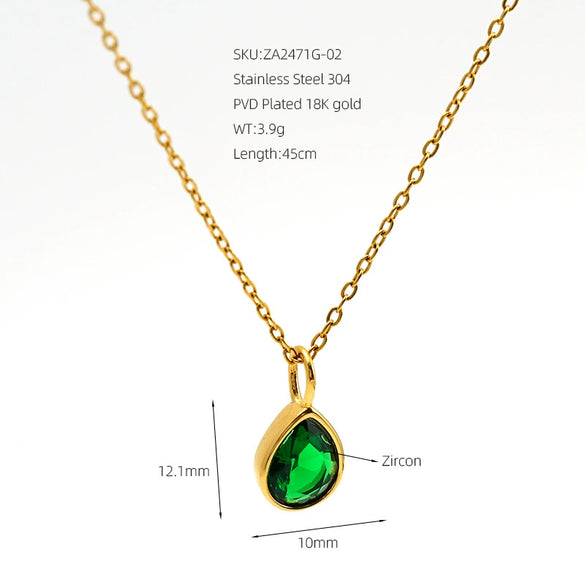 Women's Stainless Steel Teardrop Pendant Necklace With Zircon Emerald And White Diamond Accents Geometric Electroplated Olink Chain