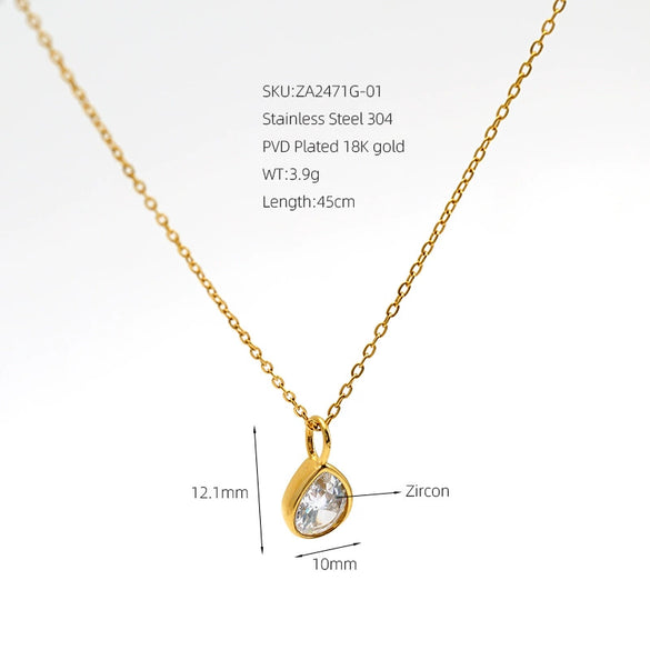 Women's Stainless Steel Teardrop Pendant Necklace With Zircon Emerald And White Diamond Accents Geometric Electroplated Olink Chain
