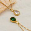 Women's Stainless Steel Teardrop Pendant Necklace With Zircon Emerald And White Diamond Accents Geometric Electroplated Olink Chain