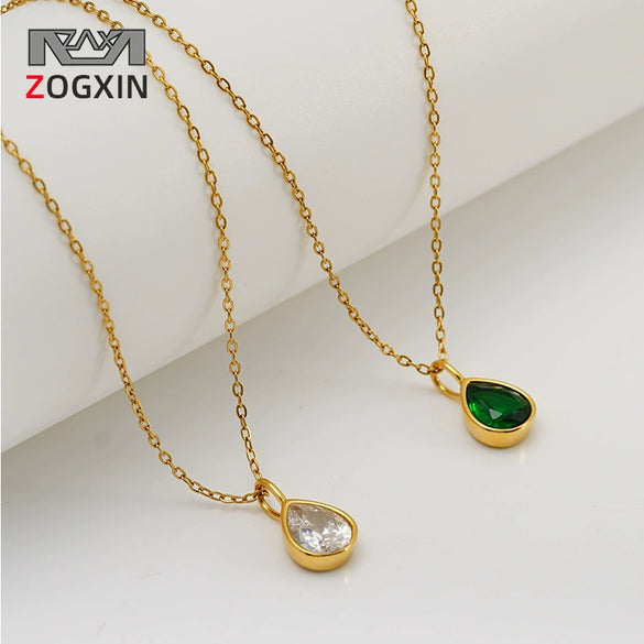 Women's Stainless Steel Teardrop Pendant Necklace With Zircon Emerald And White Diamond Accents Geometric Electroplated Olink Chain