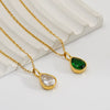 Women's Stainless Steel Teardrop Pendant Necklace With Zircon Emerald And White Diamond Accents Geometric Electroplated Olink Chain