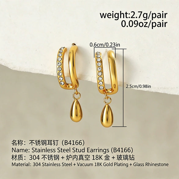 Women's Stainless Steel Teardrop Zircon Stud Earrings With Geometric Clawshaped Design And Goldtone Electroplated Finish