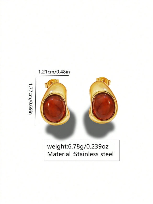 Women's Stainless Steel Tiger Eye Stone Earrings Vintage Geometric Irregular Oval Polished Earrings
