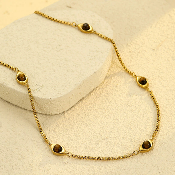 Women's Stainless Steel Tiger Eye Stone Pendant Necklace Electroplated Versatile Niche Texture