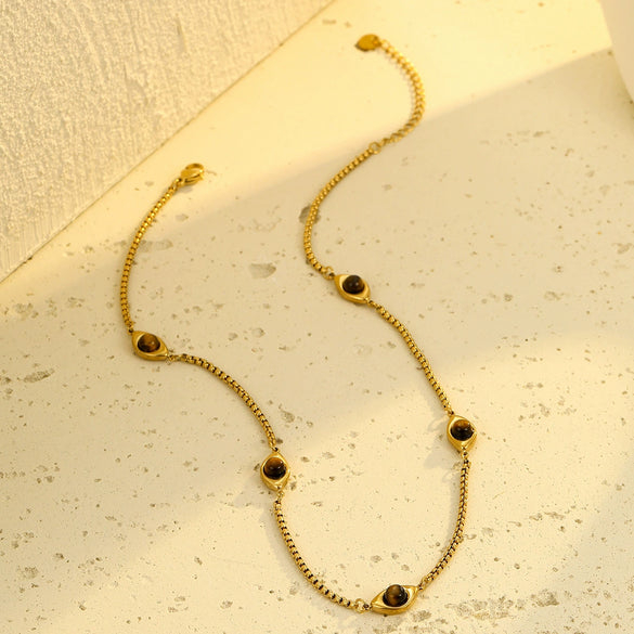 Women's Stainless Steel Tiger Eye Stone Pendant Necklace Electroplated Versatile Niche Texture
