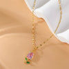 Women's Stainless Steel Tulip Geometric Pendant Necklace With Mixed Gemstone Setting And Electroplating