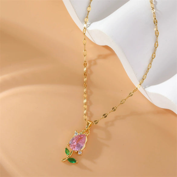 Women's Stainless Steel Tulip Geometric Pendant Necklace With Mixed Gemstone Setting And Electroplating