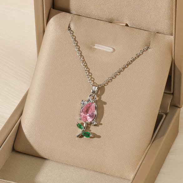 Women's Stainless Steel Tulip Geometric Pendant Necklace With Mixed Gemstone Setting And Electroplating