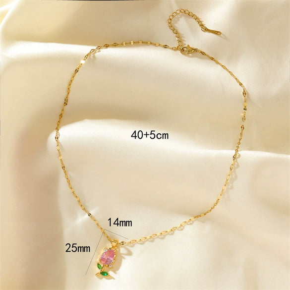 Women's Stainless Steel Tulip Geometric Pendant Necklace With Mixed Gemstone Setting And Electroplating