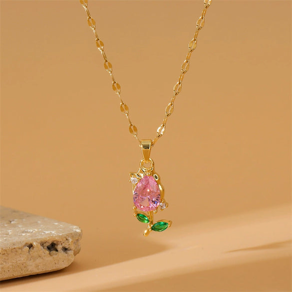Women's Stainless Steel Tulip Geometric Pendant Necklace With Mixed Gemstone Setting And Electroplating