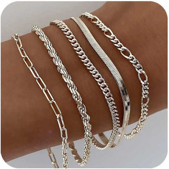 Women's Stainless Steel Twisted Snake Chain Bracelet Set With Geometric Rhombus Beads Electroplated Stacked Jewelry