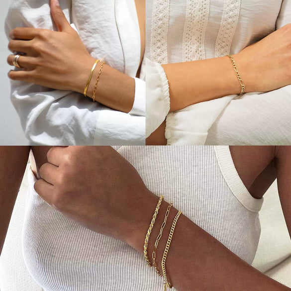 Women's Stainless Steel Twisted Snake Chain Bracelet Set With Geometric Rhombus Beads Electroplated Stacked Jewelry