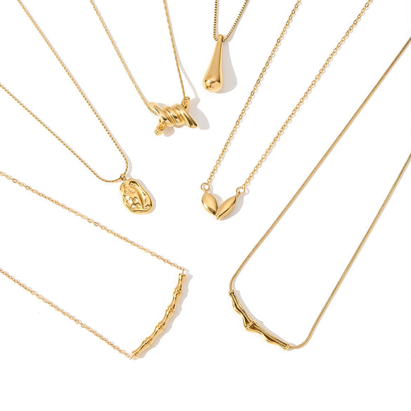Women's Stainless Steel Vacuum Gold Plated Heart Water Drop Bamboo Geometric Pendant Necklace With Regular Chain