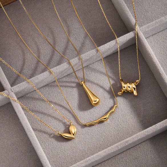 Women's Stainless Steel Vacuum Gold Plated Heart Water Drop Bamboo Geometric Pendant Necklace With Regular Chain