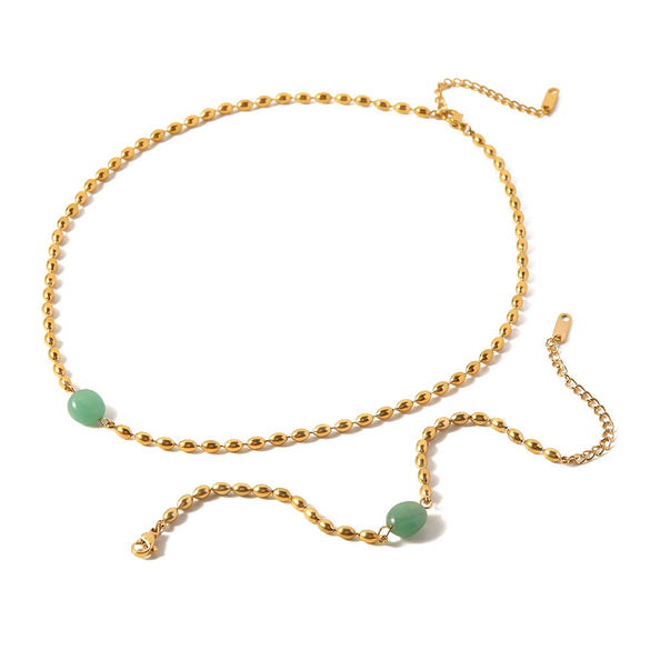 Women's Stainless Steel Vintage Braceletnecklace With Green Natural Stone And Geometric Pattern