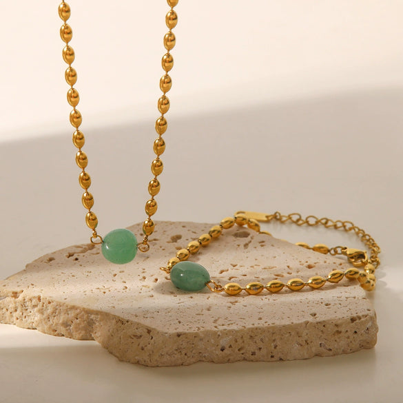 Women's Stainless Steel Vintage Braceletnecklace With Green Natural Stone And Geometric Pattern