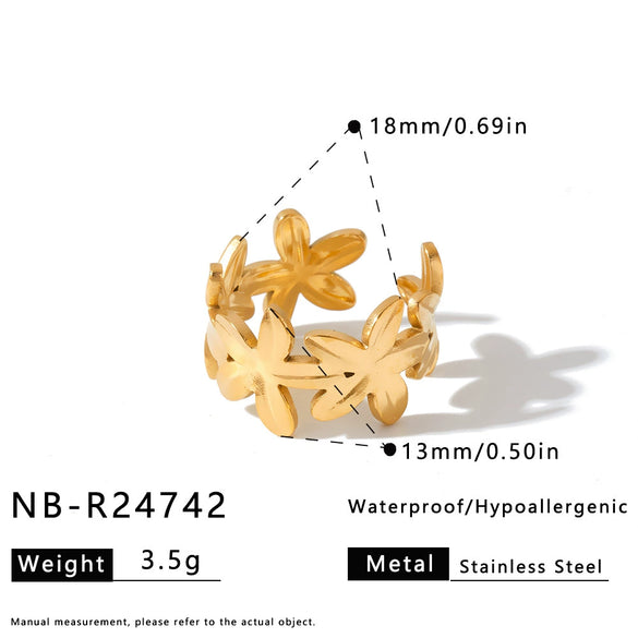 Women's Stainless Steel Vintage Flower Ring With Adjustable Open Band Simple Stylish Vacuum Plated Statement Jewelry