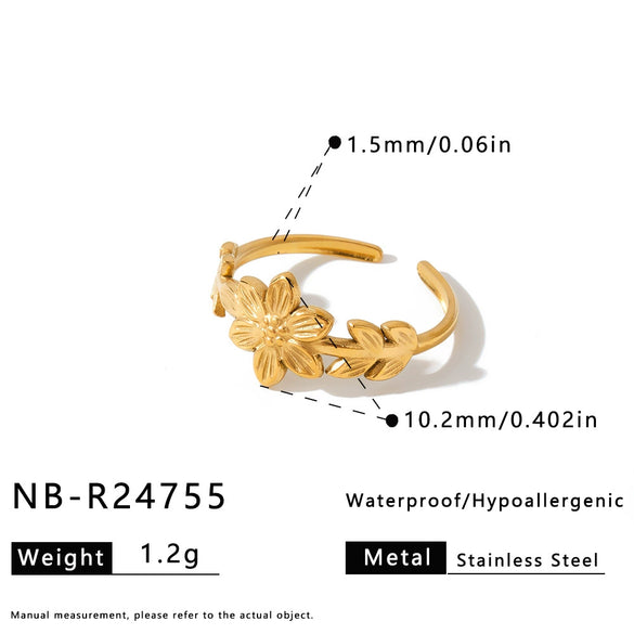 Women's Stainless Steel Vintage Flower Ring With Adjustable Open Band Simple Stylish Vacuum Plated Statement Jewelry