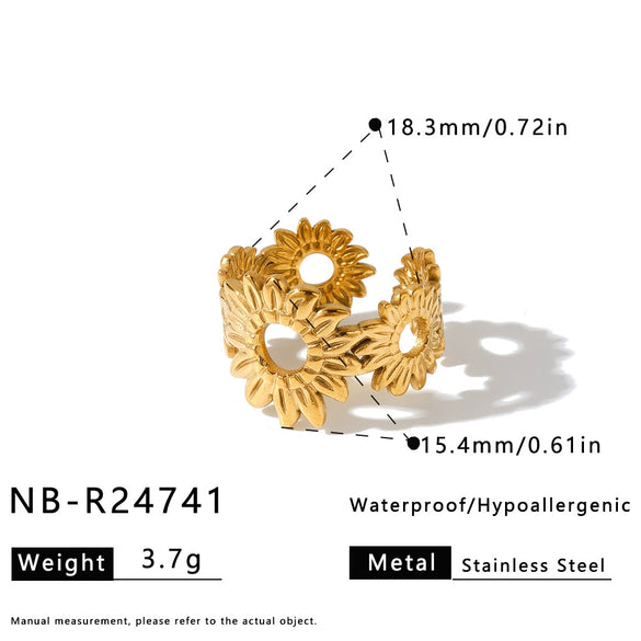 Women's Stainless Steel Vintage Flower Ring With Adjustable Open Band Simple Stylish Vacuum Plated Statement Jewelry