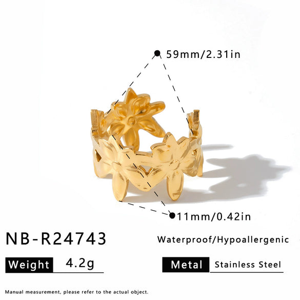 Women's Stainless Steel Vintage Flower Ring With Adjustable Open Band Simple Stylish Vacuum Plated Statement Jewelry
