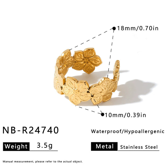 Women's Stainless Steel Vintage Flower Ring With Adjustable Open Band Simple Stylish Vacuum Plated Statement Jewelry